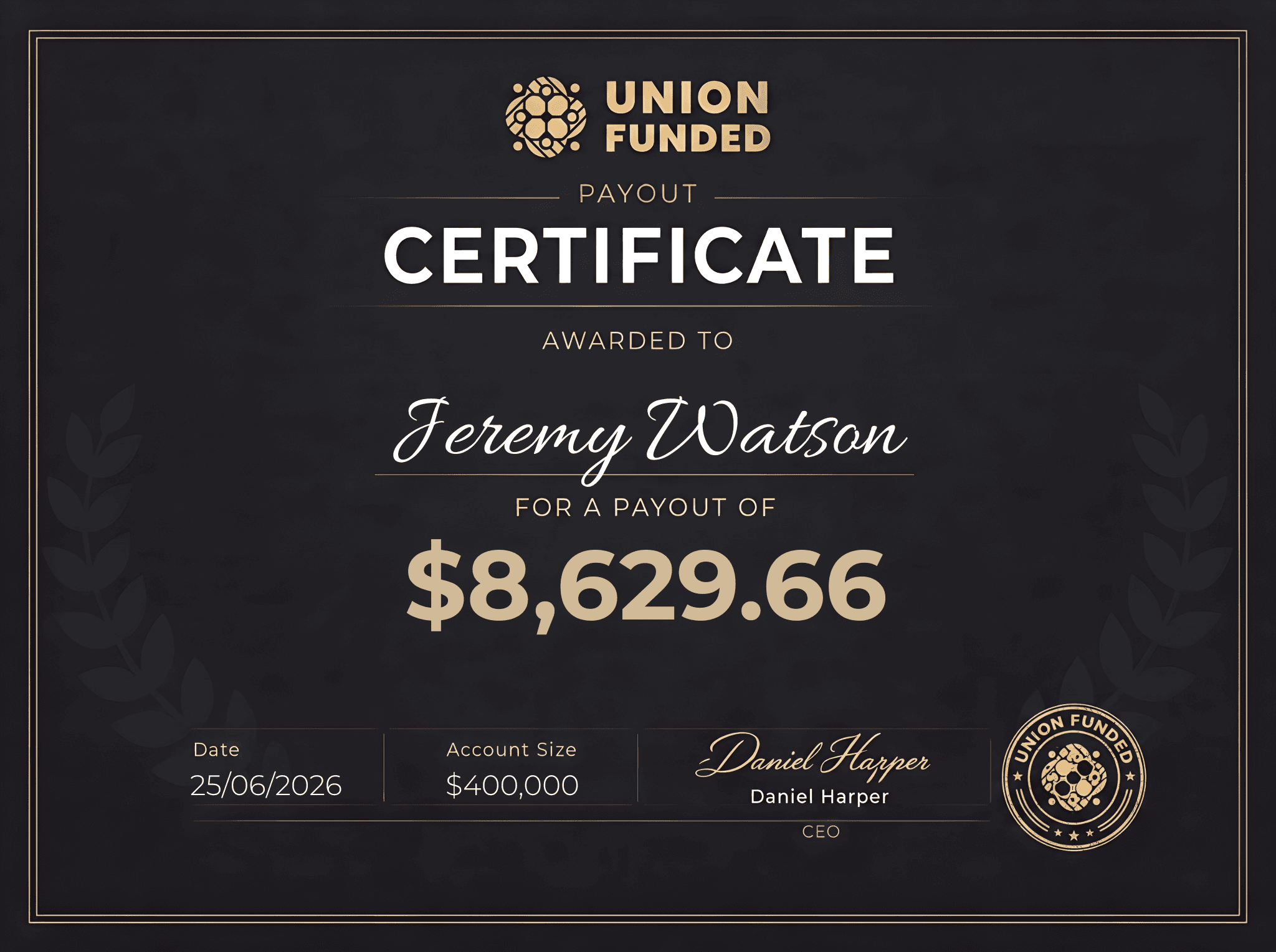 UnionFunded payout certificate awarded to Jeremy Watson