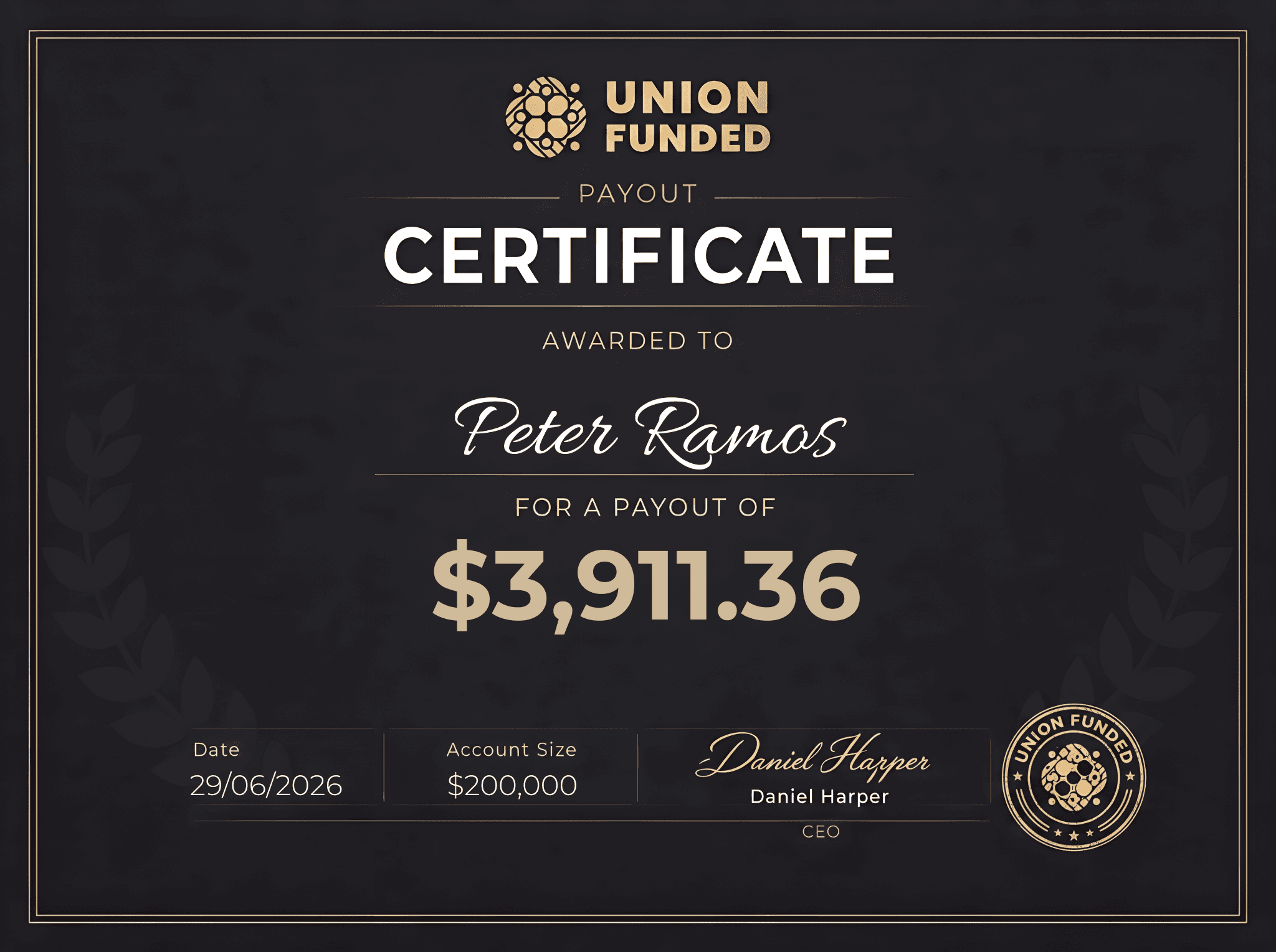 UnionFunded payout certificate awarded to Peter Ramos