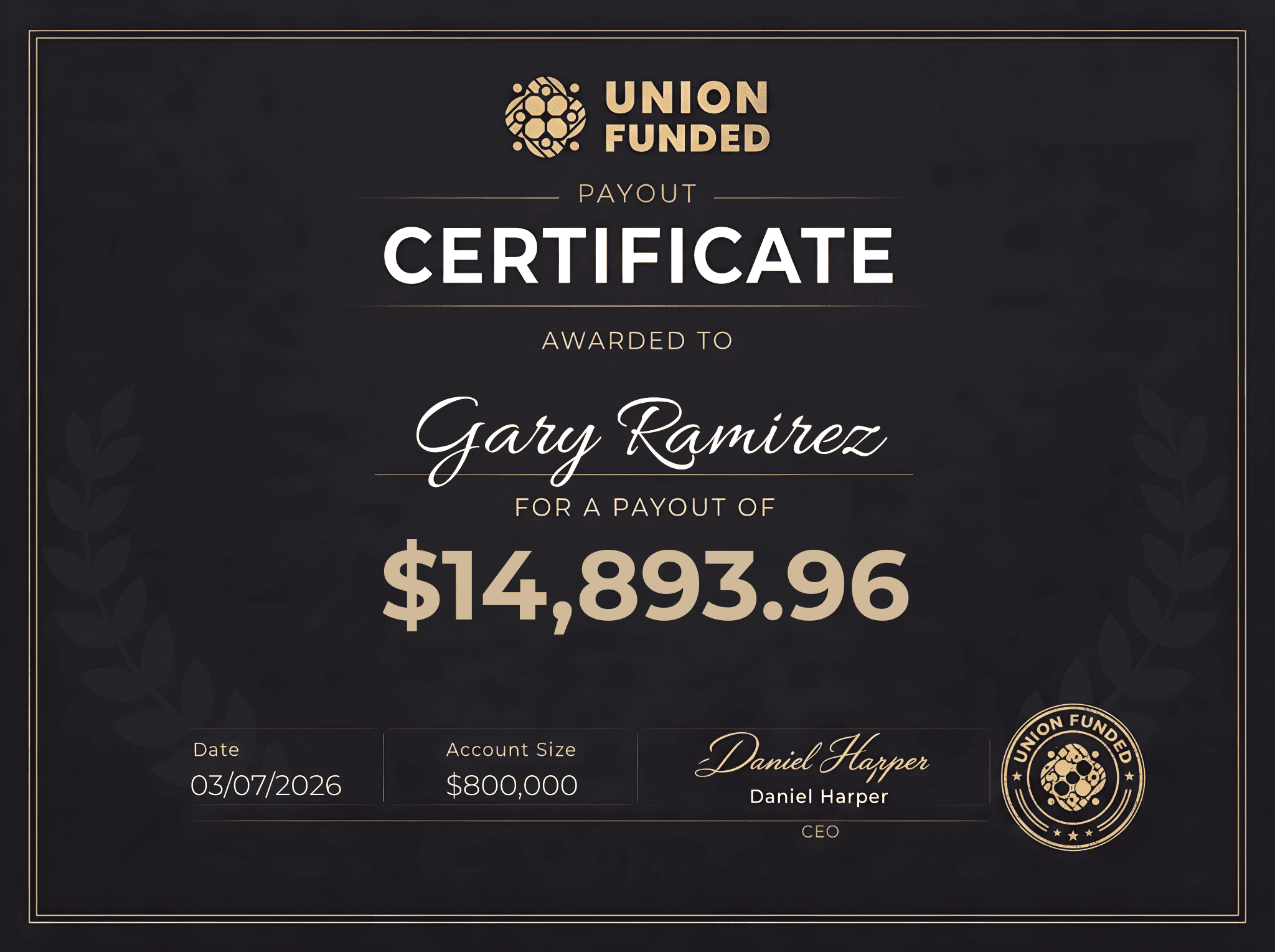UnionFunded payout certificate awarded to Gary Ramirez