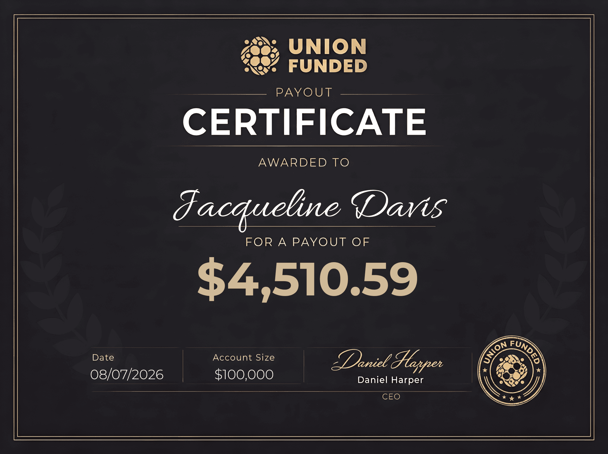 UnionFunded payout certificate awarded to Jacqueline Davis