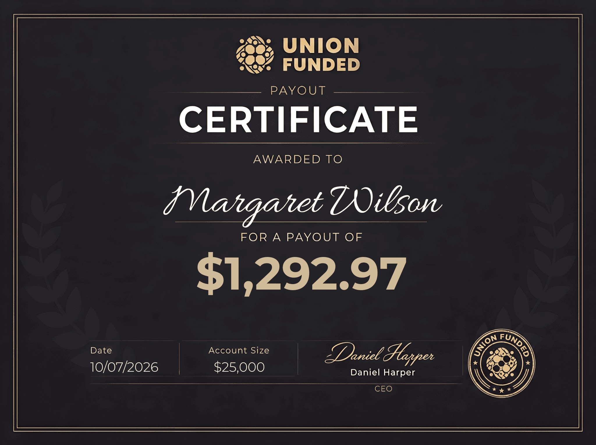 UnionFunded payout certificate awarded to Margaret Wilson