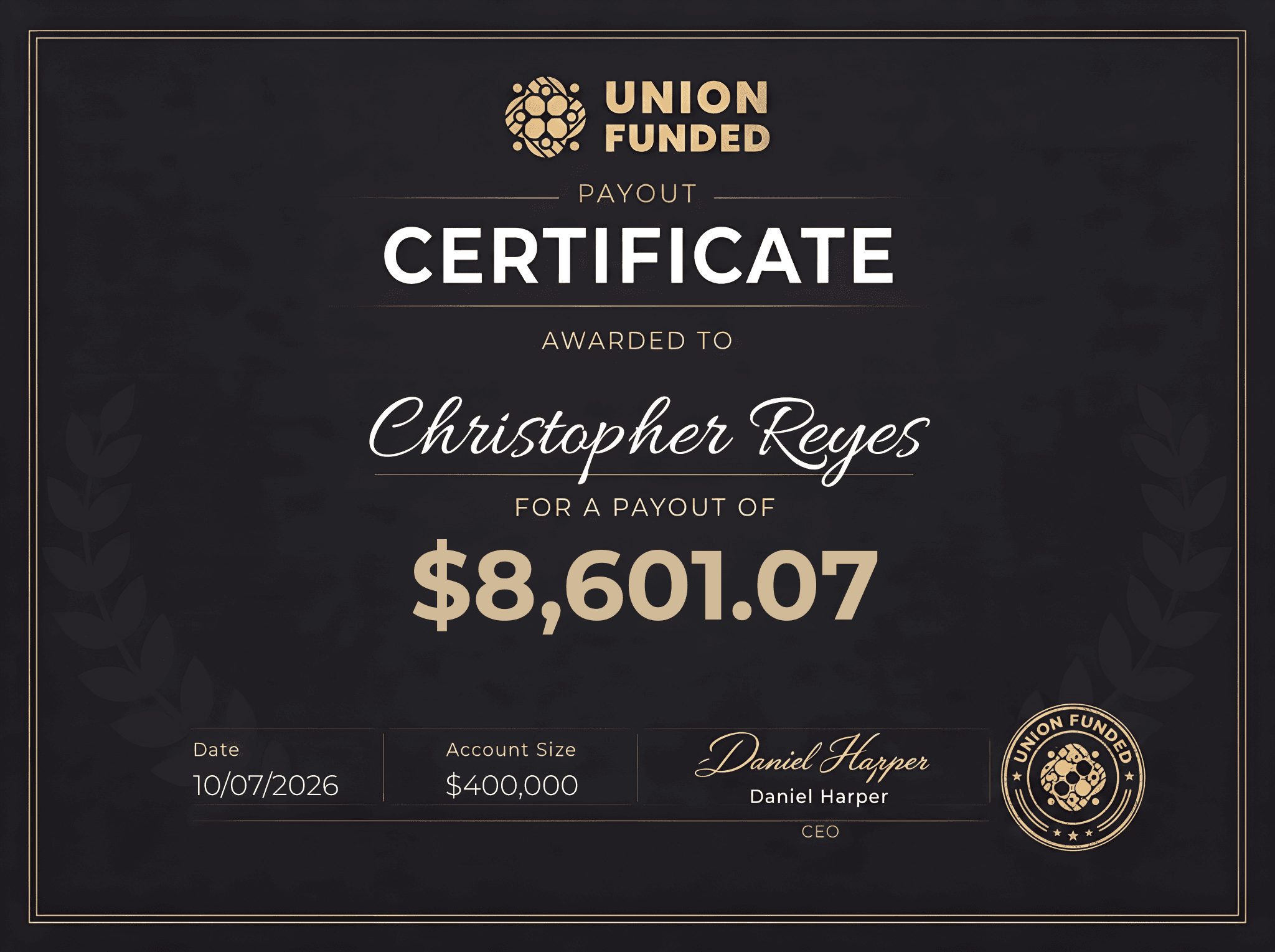 UnionFunded payout certificate awarded to Christopher Reyes