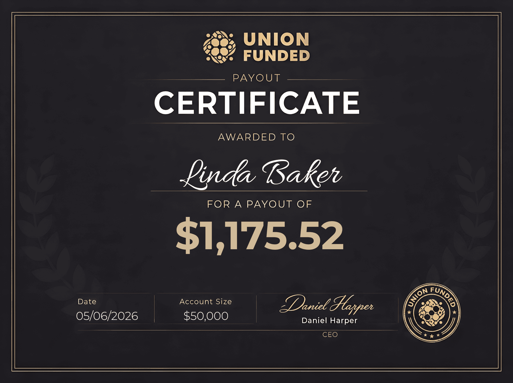 UnionFunded payout certificate awarded to Linda Baker