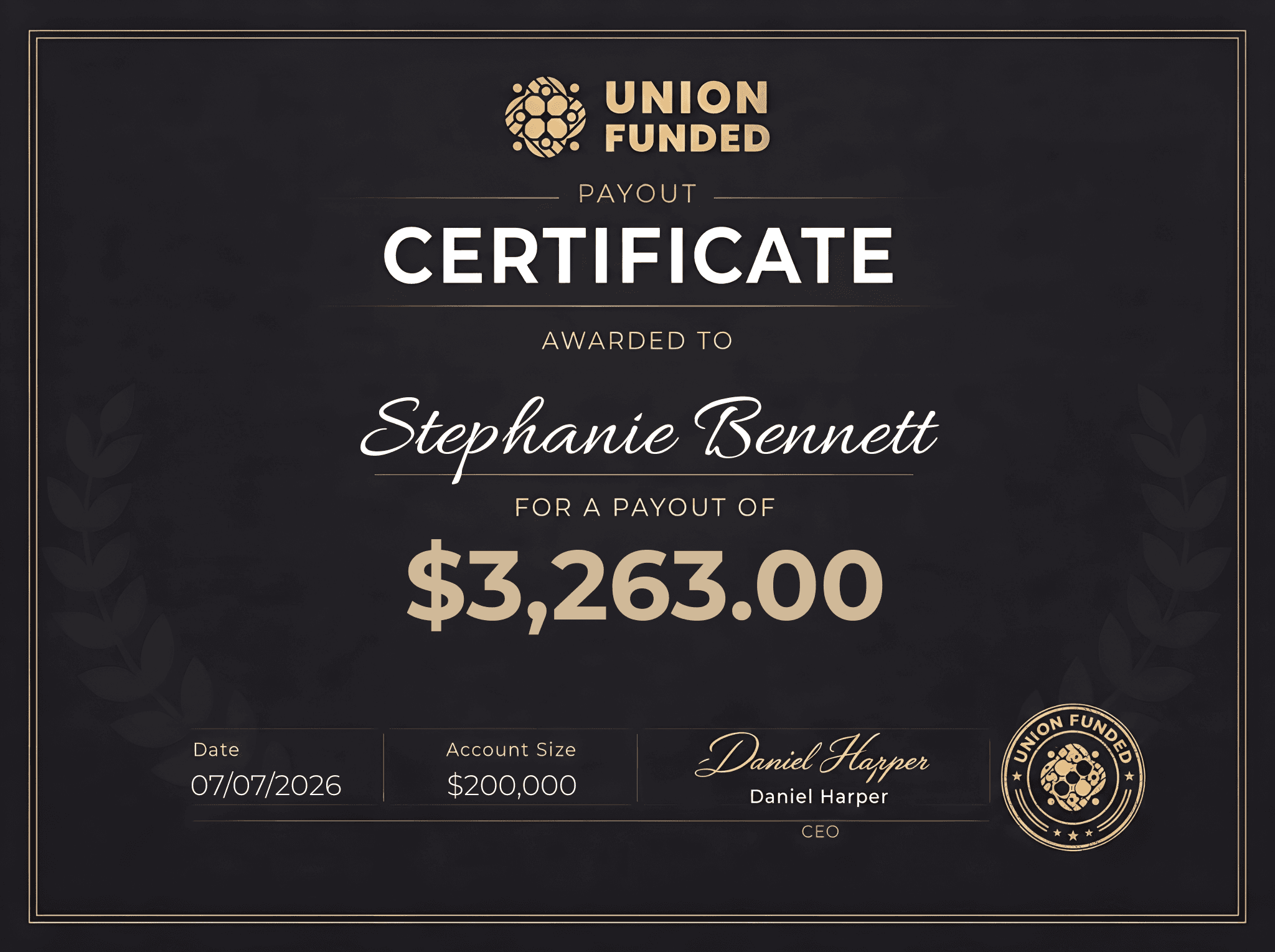 UnionFunded payout certificate awarded to Stephanie Bennett