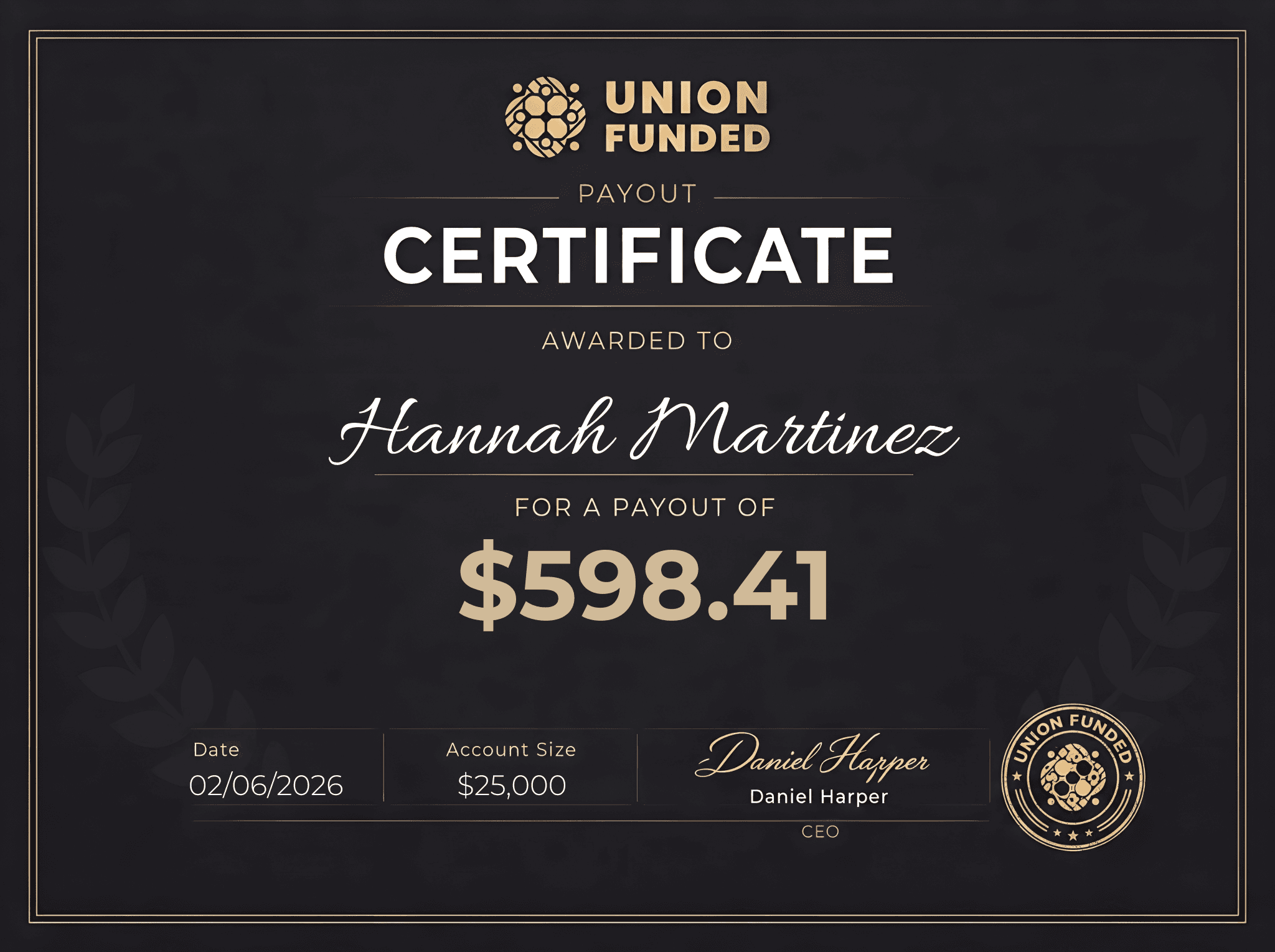 UnionFunded payout certificate awarded to Hannah Martinez
