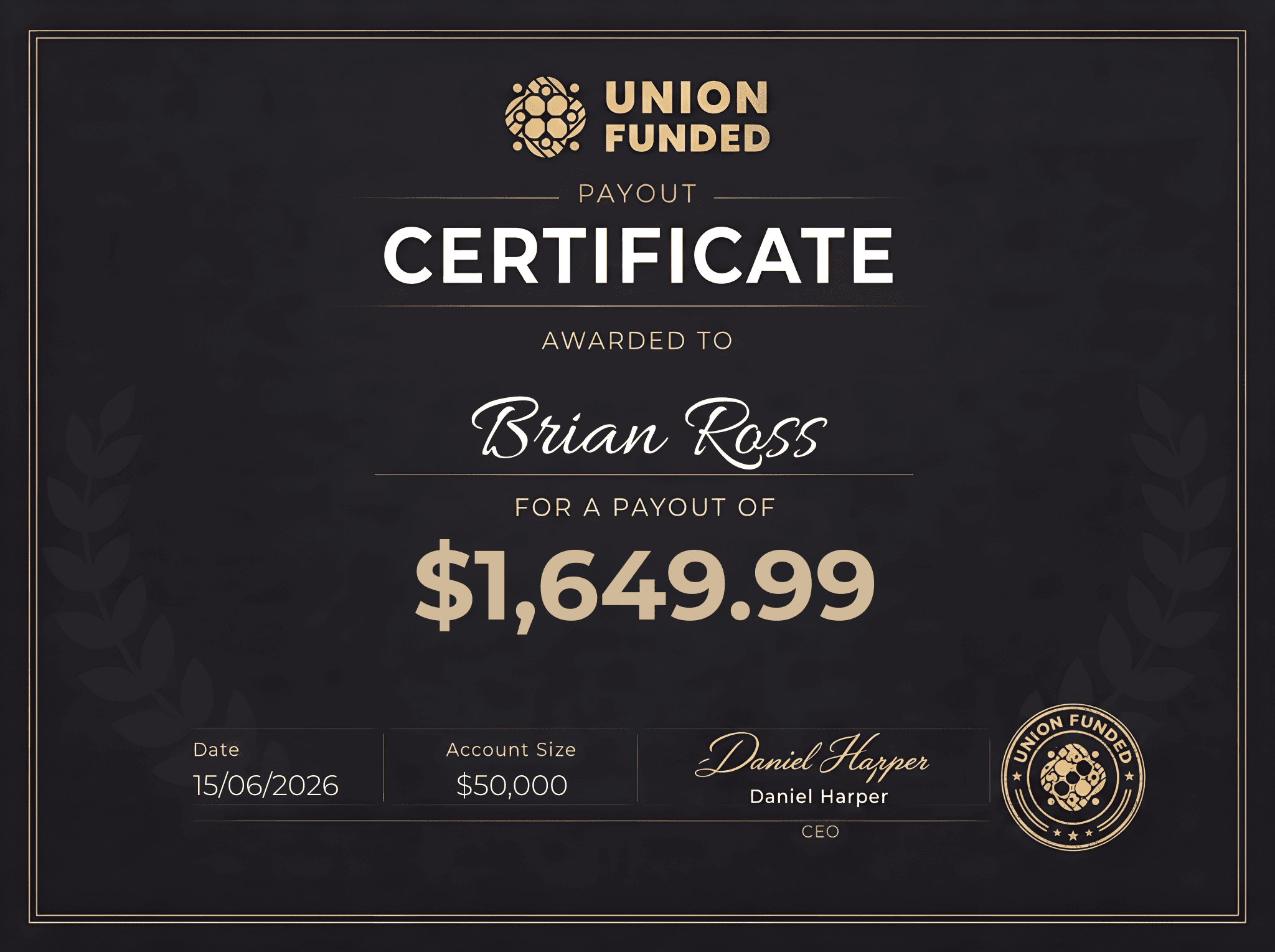 UnionFunded payout certificate awarded to Brian Ross