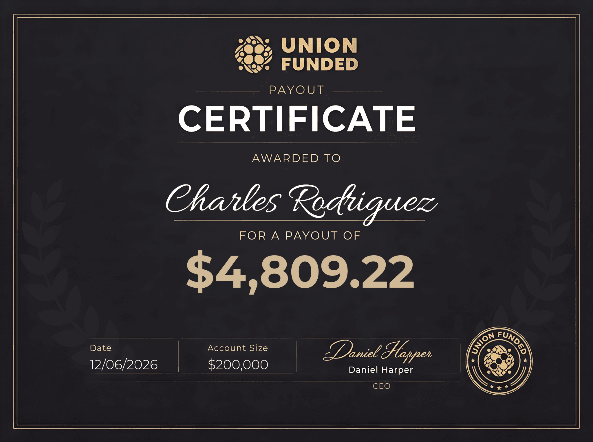 UnionFunded payout certificate awarded to Charles Rodriguez